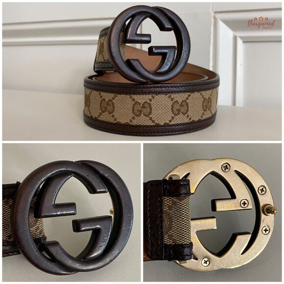 Authentic GUCCI Brown Monogram Canvas Bamboo Interlocking G Buckle Belt 80/32 - Picture 2 of 13